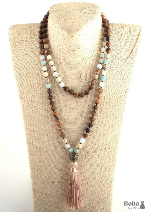 Boho Necklace, RH Amazonite Jasper, Lariat Silver Ball Green Brown Natural Stone